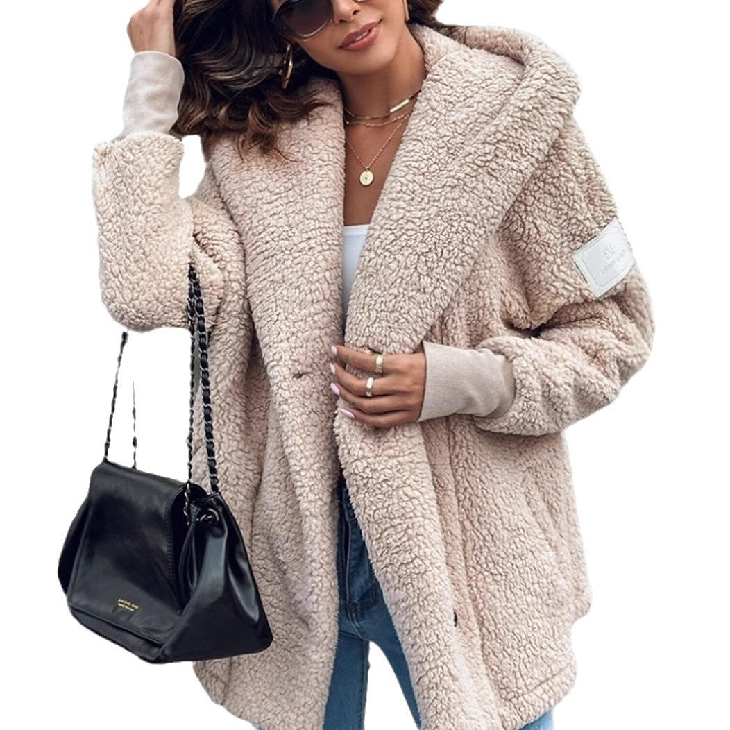 Damen Flauschige Teddyjacke mit oversized Kragen und praktischen Taschen R&B