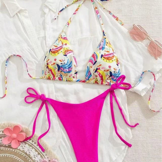 Damen Bikini-Set mit buntem Obstmuster und seitlichem Knoten R&B