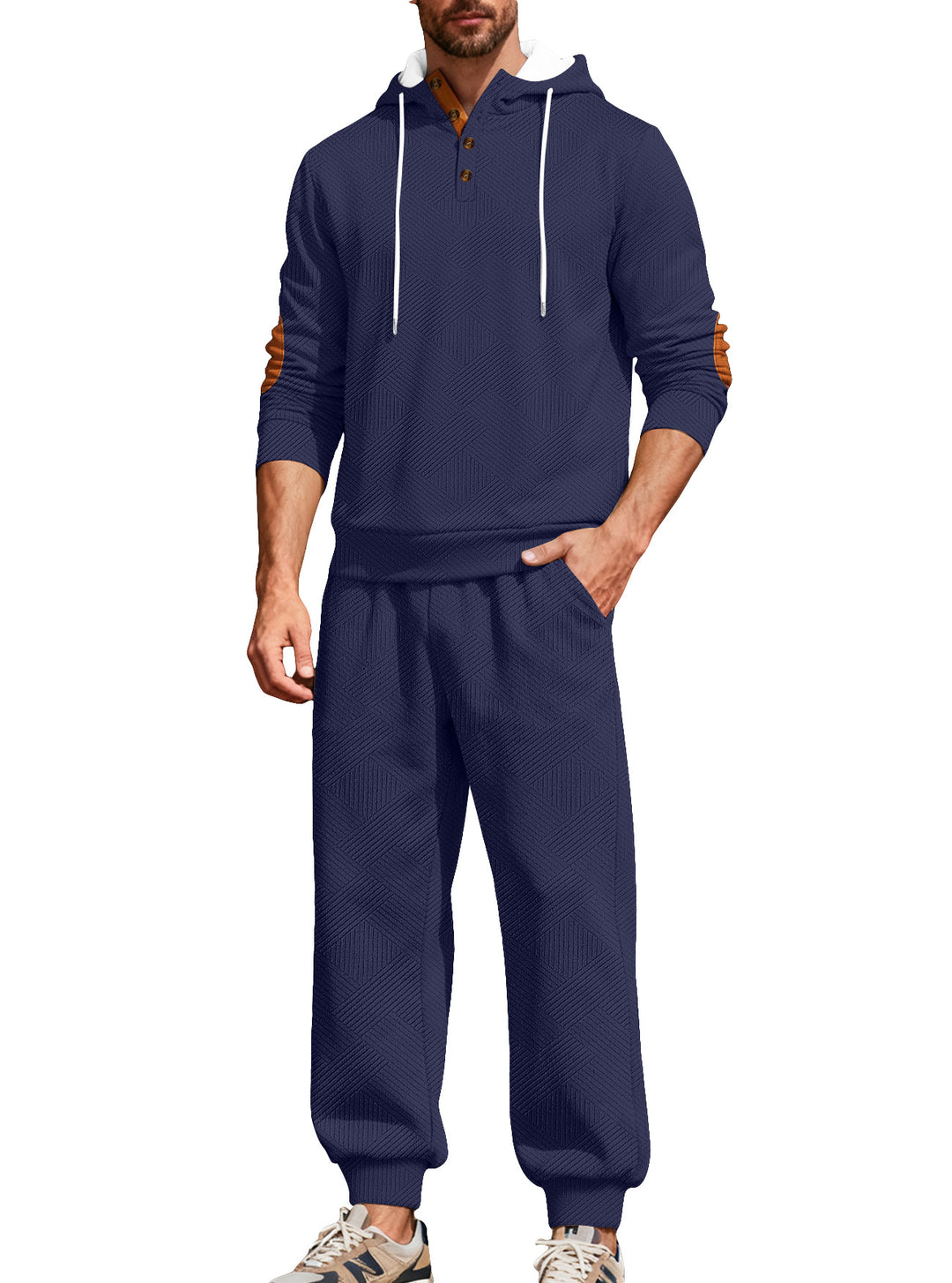 Herren nan strukturiertes Kapuzen-Joggingset mit Henley-Knopfleiste und Kontrast-Ellenbogenpatches R&B