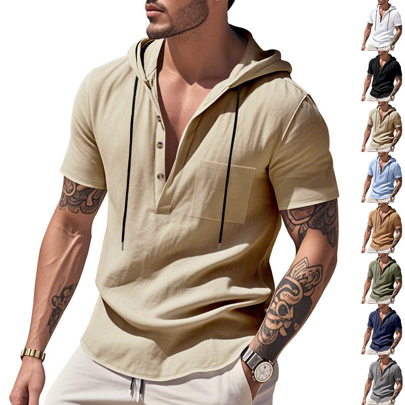 Herren Kurzarm-Henley-Shirt mit praktischer Kapuze und modischen Akzenten R&B