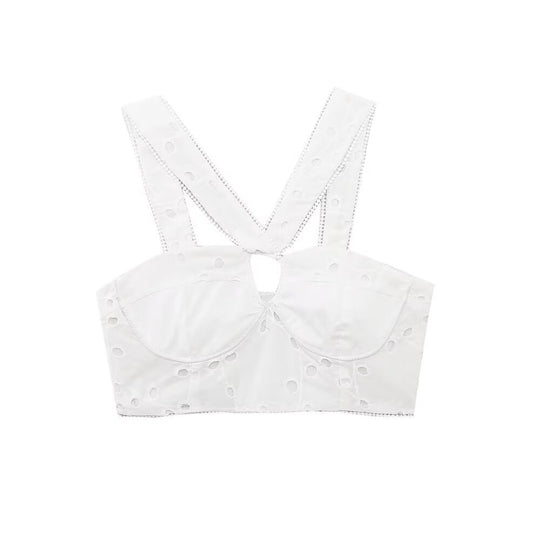Damen Brokat-Crop-Top mit elegantem Ausschnitt und verzierten Trägern R&B
