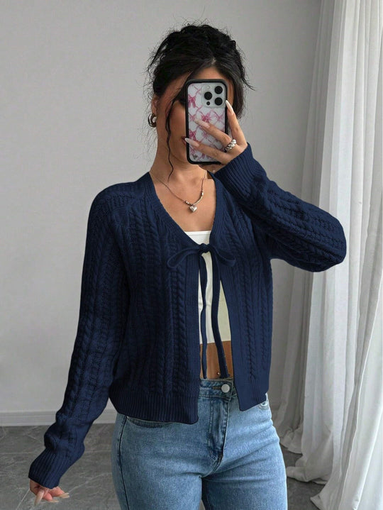 Damen Strickjacke mit modischem Kordelzug und feiner Netzstruktur R&B