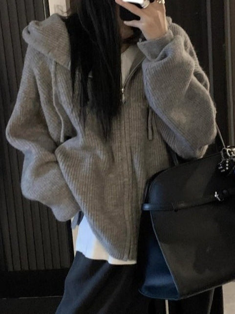 Damen Gemütlicher Strickhoodie mit großzügiger Kapuze und Reißverschluss R&B