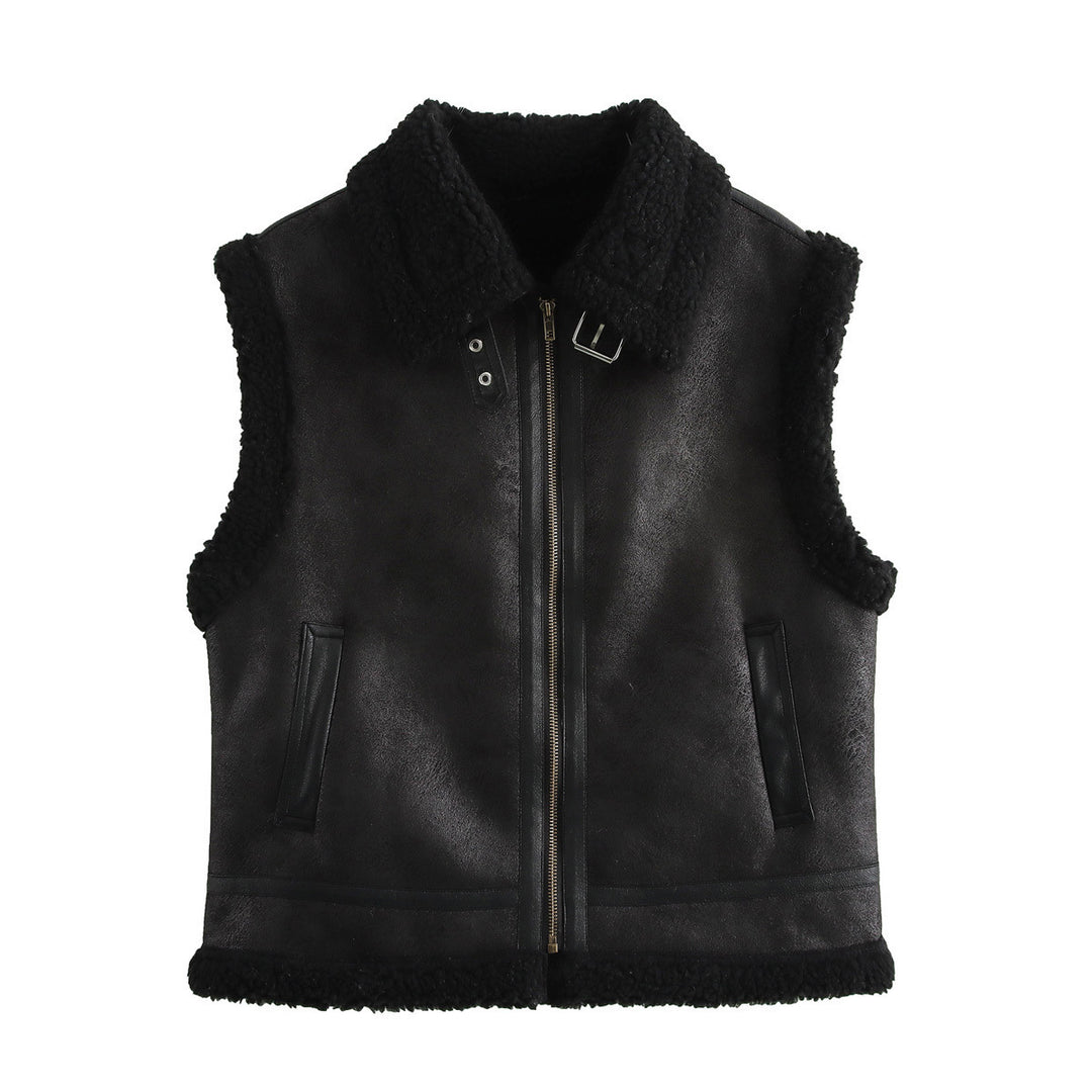 Damen Teddyweste mit hohem Kragen und Kunstlederelementen R&B