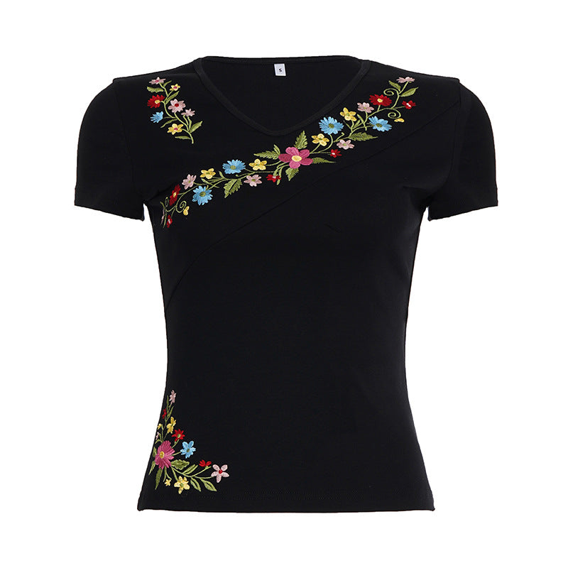 Damen V-Ausschnitt T-Shirt mit floraler Stickerei und figurbetontem Schnitt R&B
