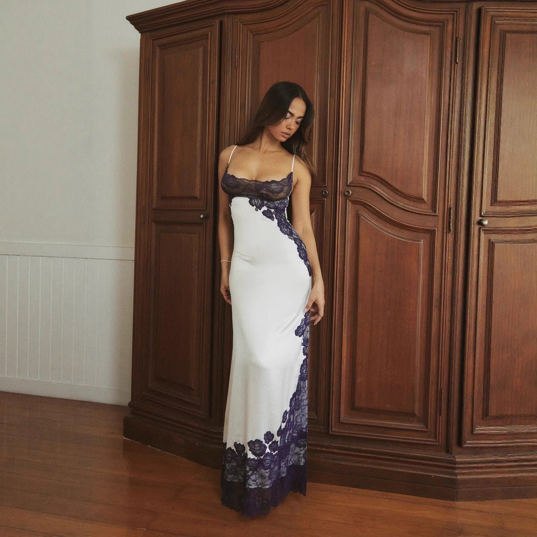 Damen Elegantes Spitzenkleid mit tiefem V-Ausschnitt und transparenten Einsätzen R&B