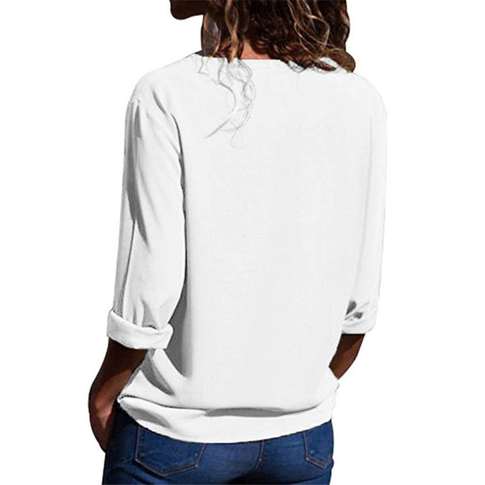Damen elegante Bluse mit V-Ausschnitt und umschlagbaren Ärmeln R&B