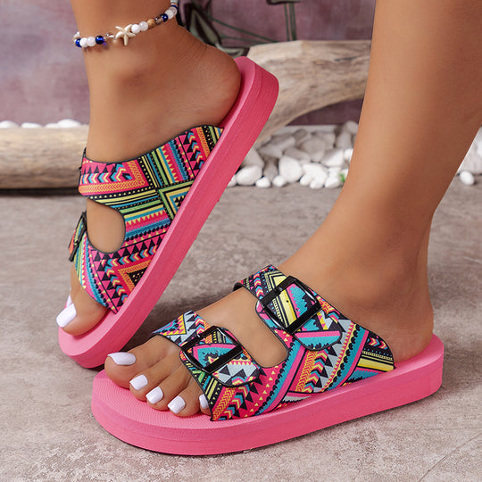 Damen bequeme Plateausandalen mit verstellbaren Riemen und buntem Ethno-Design R&B