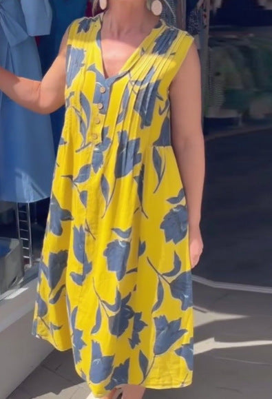 Damen nan lässiges V-Ausschnitt-Midikleid mit Brustpasse, senkrechten Falten und dekorativer Knopfleiste R&B