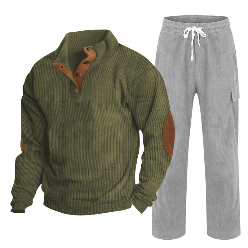 Herren nan strukturiertes Feinstrick-Halbknopf-Pullover und Feincord-Cargo-Zweiteiler R&B