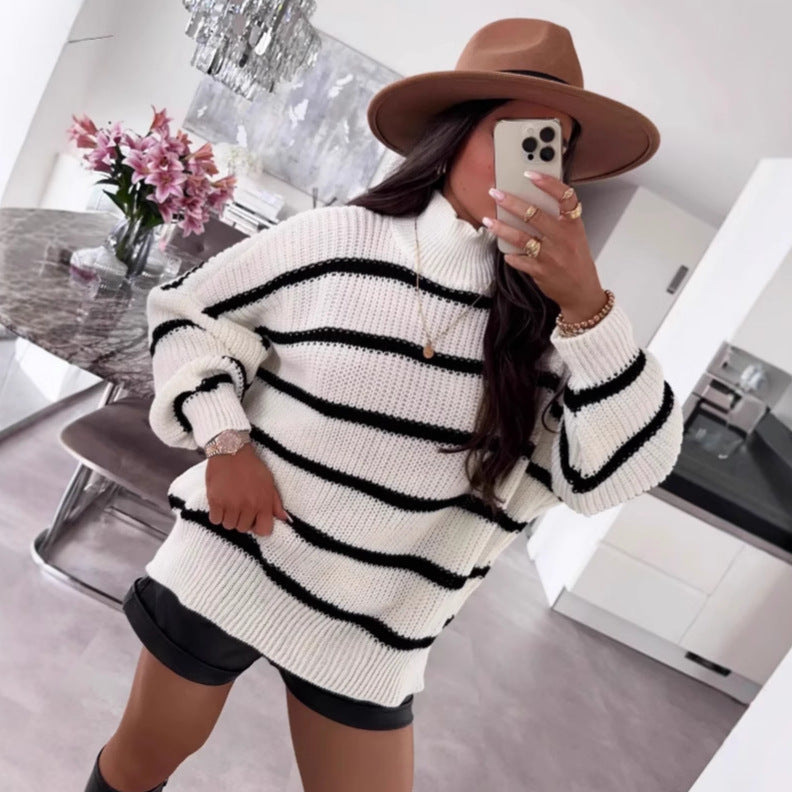 Damen gestreifter Oversized-Pullover mit modischem Rollkragen R&B