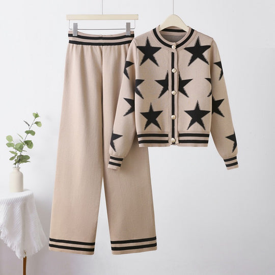 Damen modisches Strick-Loungewear-Set mit Sternenmuster und kontrastierenden Details R&B