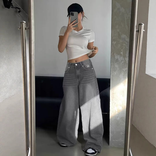 Damen Weite Jeanshose im lässigen Urban-Style mit hohem Taillenbund R&B