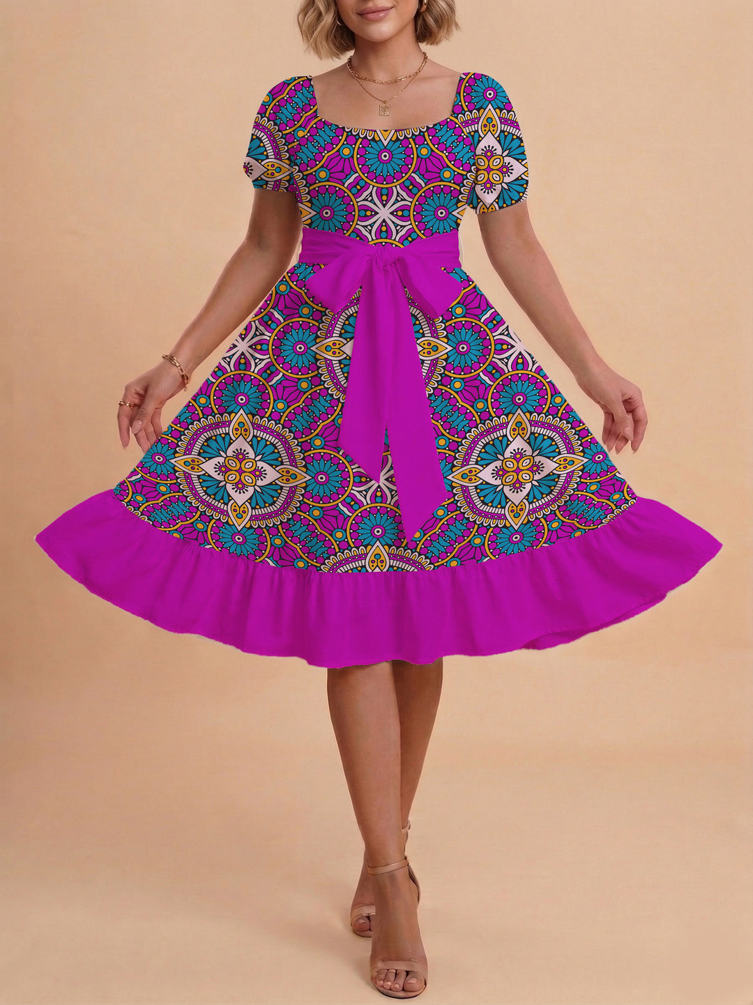 Damen elegantes Maxikleid mit floralem Design und Taillengürtel R&B