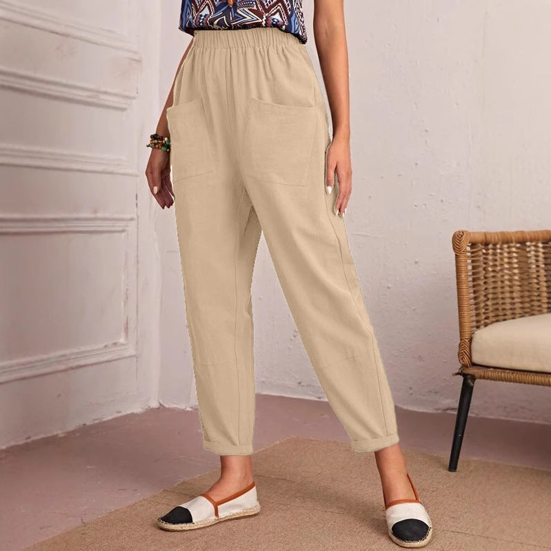 Damen lockere Komfort-Hose mit elastischem Bund und großen Taschen R&B