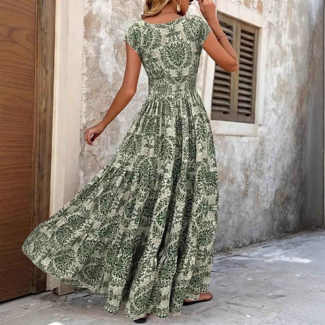 Damen Maxikleid mit romantischem Vintage-Muster und fließendem Schnitt R&B