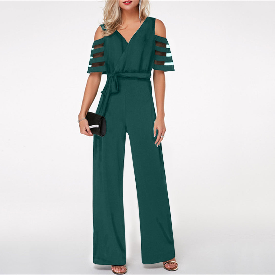 Damen Eleganter Jumpsuit mit transparenten Ärmel-Details und Taillengürtel R&B