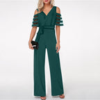 Damen Eleganter Jumpsuit mit transparenten Ärmel-Details und Taillengürtel R&B