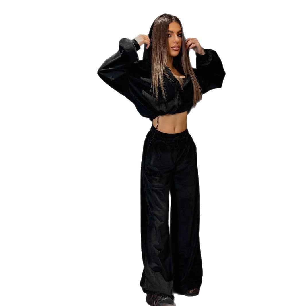 Damen Fleece-Haustextilien-Set mit cropped Oberteil und weitem Hosen R&B