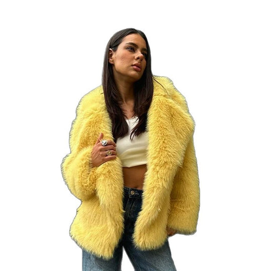 Damen flauschige Teddyjacke mit breitem Kragen und seitlichen Eingrifftaschen R&B