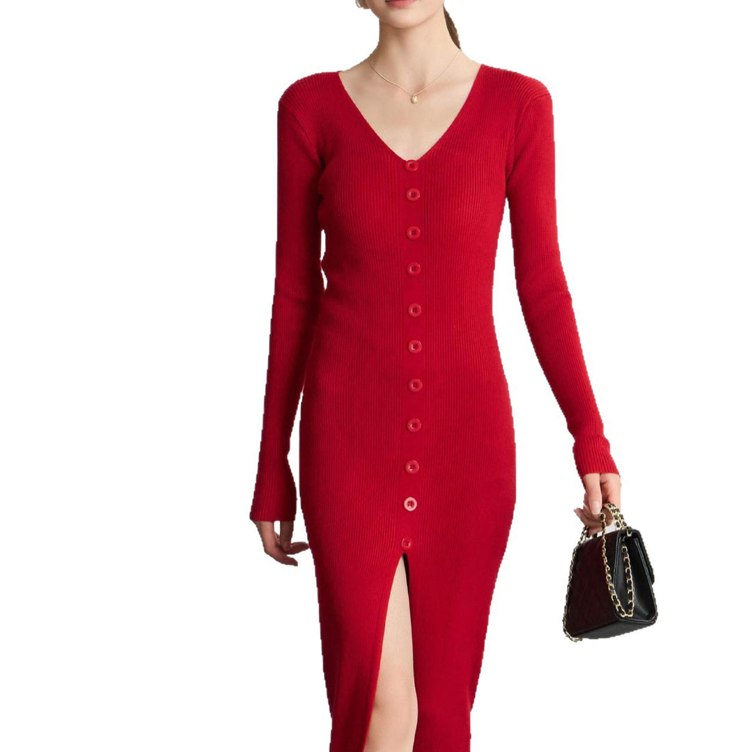 Damen Langes Strickkleid mit V-Ausschnitt und durchgehender Knopfleiste R&B