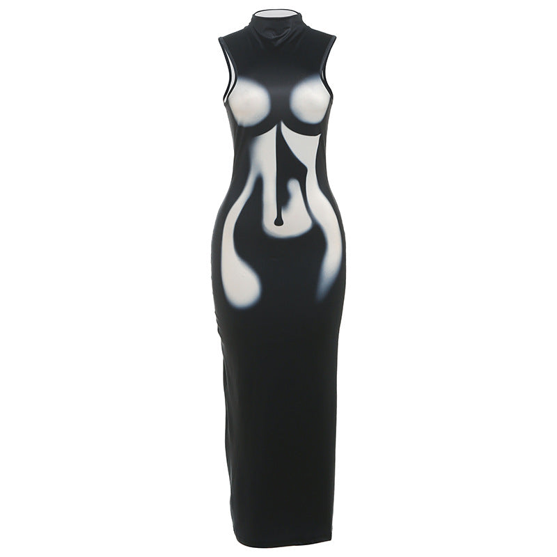 Damen Elegantes, figurbetontes Abendkleid mit hohem Kragen und transparentem Stoff R&B