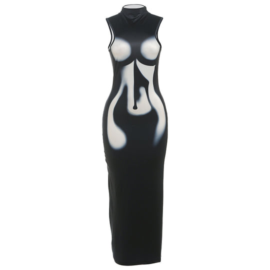 Damen Elegantes, figurbetontes Abendkleid mit hohem Kragen und transparentem Stoff R&B