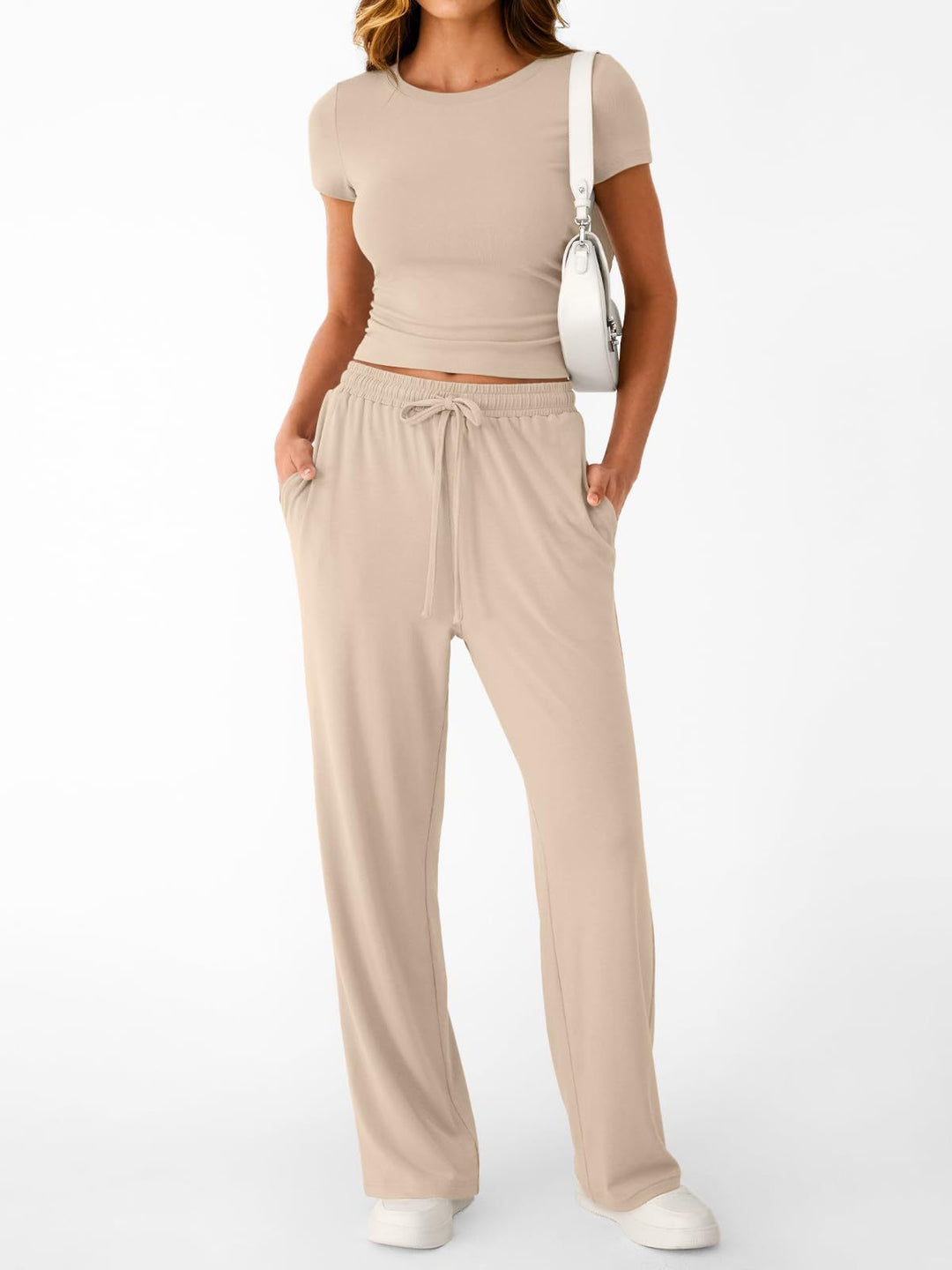 Damen lässiger Freizeitanzug mit kurzen Ärmel und weiten Hosen R&B