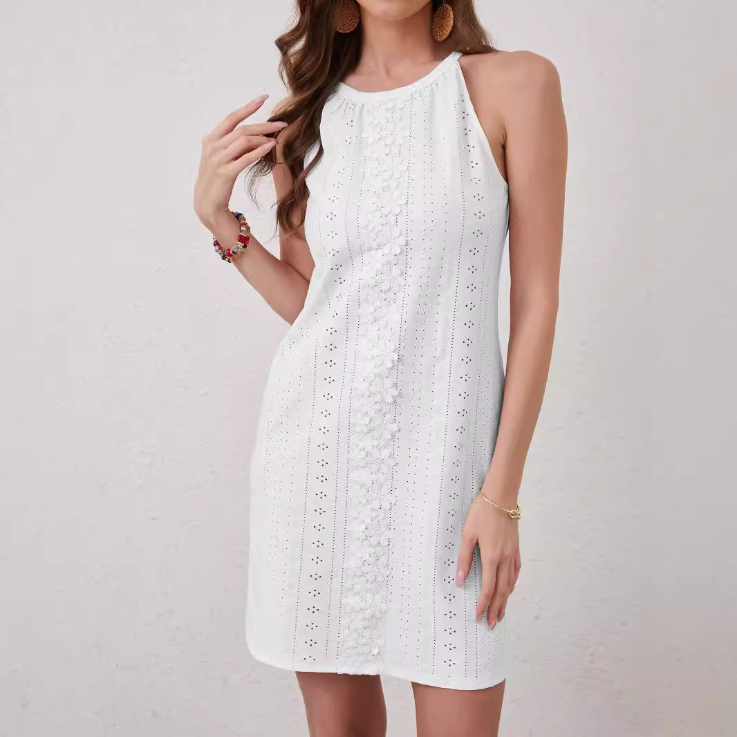 Damen nan ärmelloses Minikleid mit Neckholder, Lochstickerei und floraler Häkelapplikation R&B