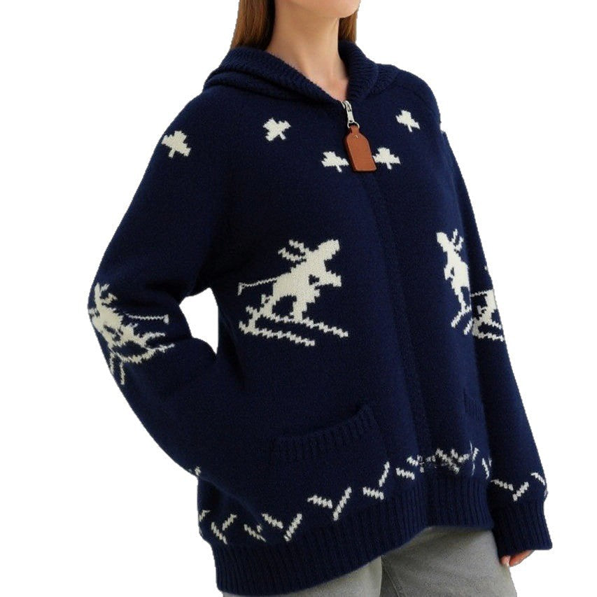 Damen Strickjacke mit Kapuze und sportlichem Muster R&B