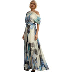 Damen elegantes Chiffon-Kleid mit schulterfreiem Design und floralem Muster EB