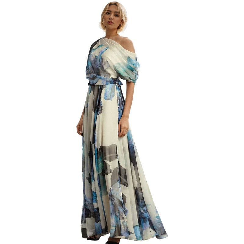 Damen elegantes Chiffon-Kleid mit schulterfreiem Design und floralem Muster EB