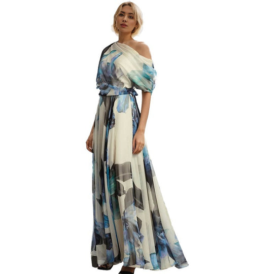 Damen elegantes Chiffon-Kleid mit schulterfreiem Design und floralem Muster R&B