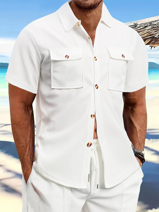 Herren nan strukturiertes Waffel-Lounge-Set mit Hemdjacke, Brustklappen und Kordelhose R&B