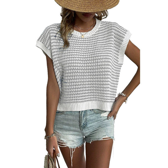 Damen lässiges Strickoberteil mit kurzen Ärmeln und strukturiertem Design R&B