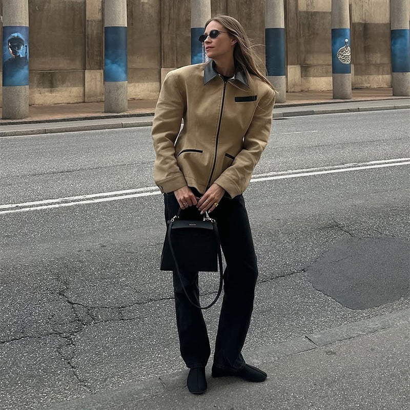 Damen modische Utility-Jacke mit hochgeschlossenem Kragen und Reißverschluss