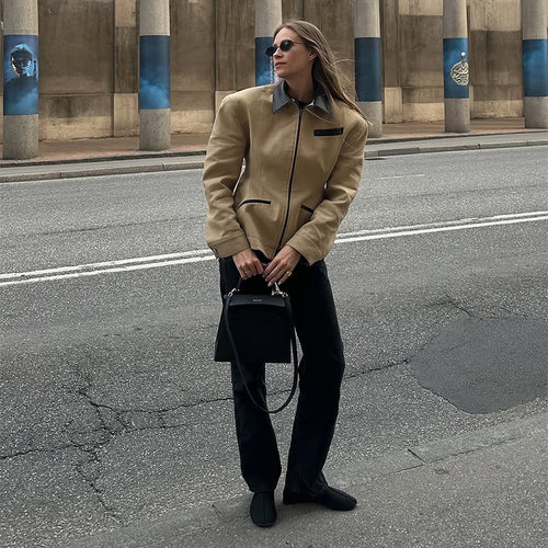 Damen modische Utility-Jacke mit hochgeschlossenem Kragen und Reißverschluss R&B