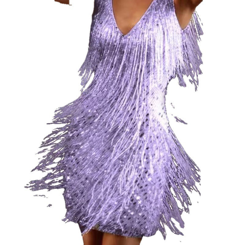Damen Glitzerndes Mini-Kleid mit Fransendetails und schulterfreiem Design R&B