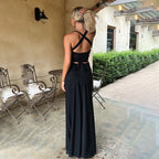 Damen elegantes Maxikleid mit verführerischem Ausschnitt und fließendem Rock R&B