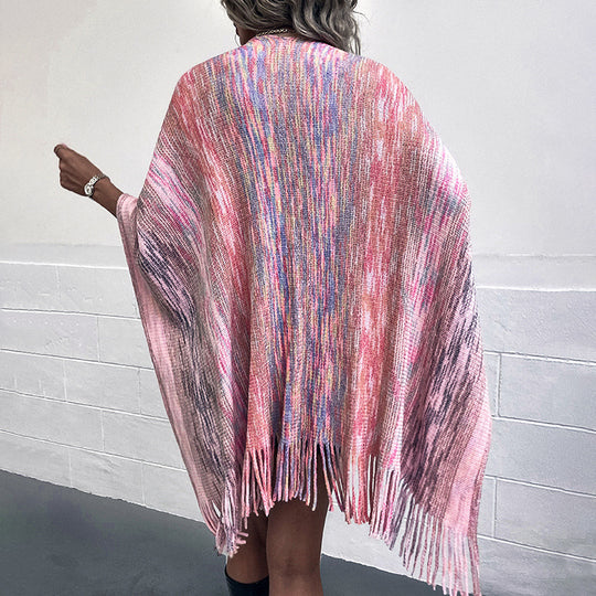 Damen modischer Poncho mit luxuriösem Kunstfellbesatz und kreativen Fransen R&B