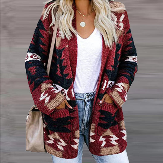 Damen Strickjacke im modernen Ethno-Design mit aufgesetzten Taschen und lässigem Schnitt R&B