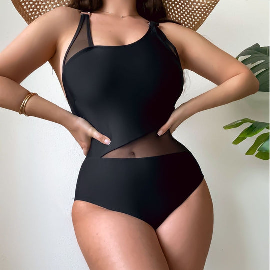 Damen Einteiliger Badeanzug mit transparenten Einsätzen und asymmetrischem Design R&B