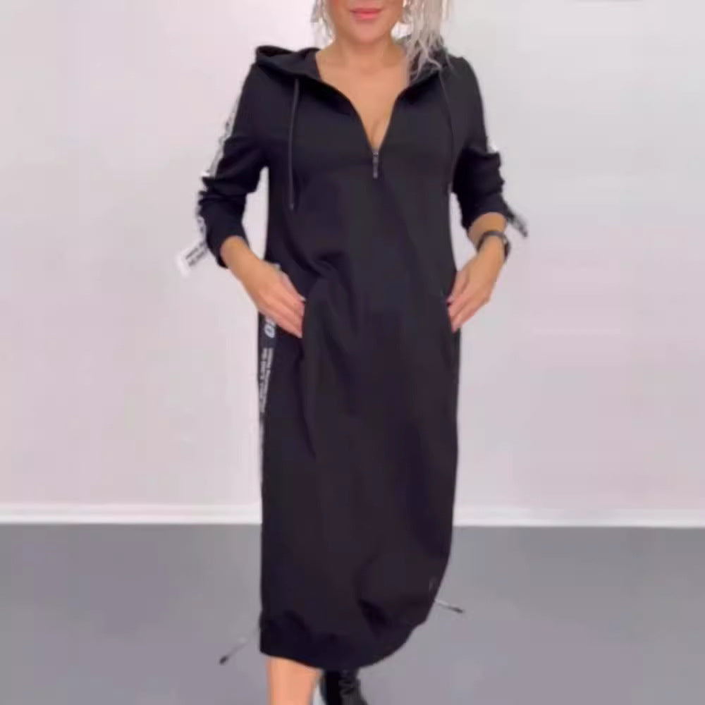 Damen nan knöchellanges Kapuzen-Sweatkleid mit Halbzip, Kängurutaschen und seitlicher Zierpaspel R&B