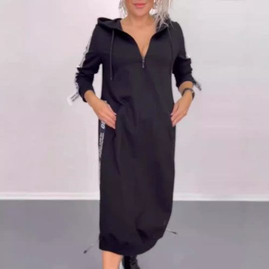 Damen nan knöchellanges Kapuzen-Sweatkleid mit Halbzip, Kängurutaschen und seitlicher Zierpaspel R&B