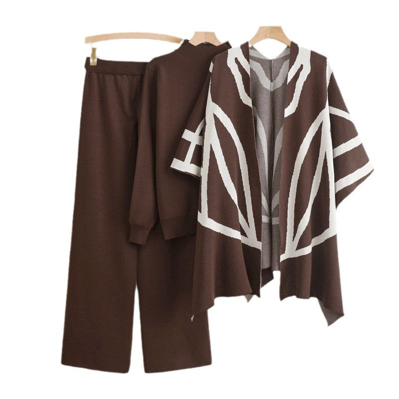 Damen trendiges Strick-Loungewear-Set mit grafischem Poncho-Design R&B