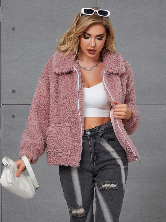 Damen Kuschelige Teddyjacke mit breitem Kragen und seitlichen Taschen R&B