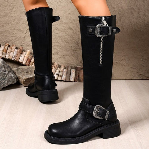Damen Lange Stiefel mit modischem Gürtel und robustem Profil R&B