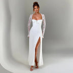 Damen Elegantes Maxikleid mit Spitzenärmel und seitlichem Schlitz R&B