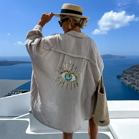 Damen luftige Strandbluse mit glänzendem Eye-Design R&B