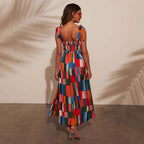 Damen Maxi-Kleid mit buntem Mosaik-Design R&B